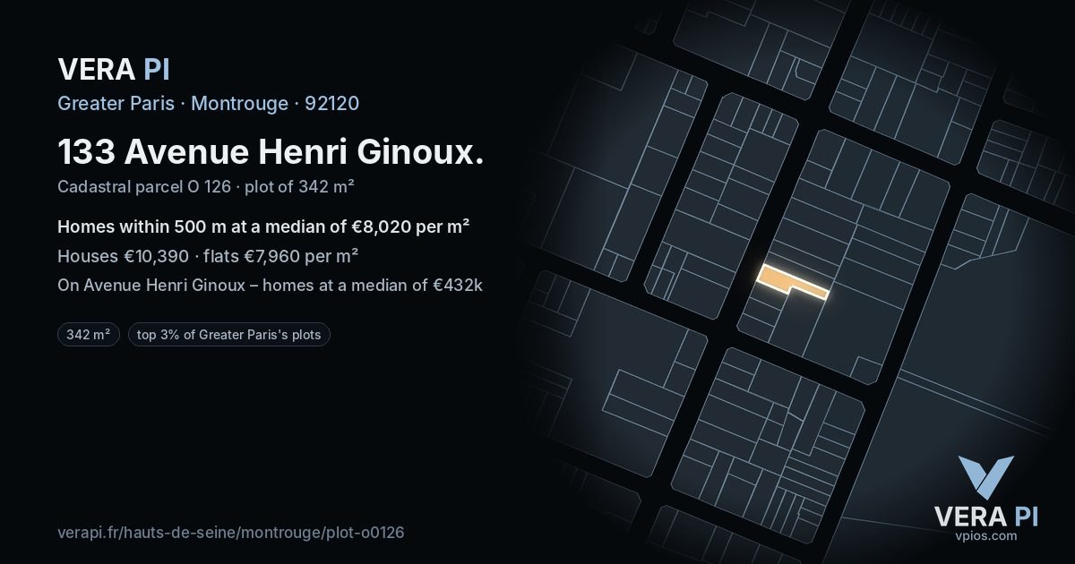 133 Avenue Henri Ginoux, Montrouge at night – the plot lit, the parcels around coloured by the prices near them