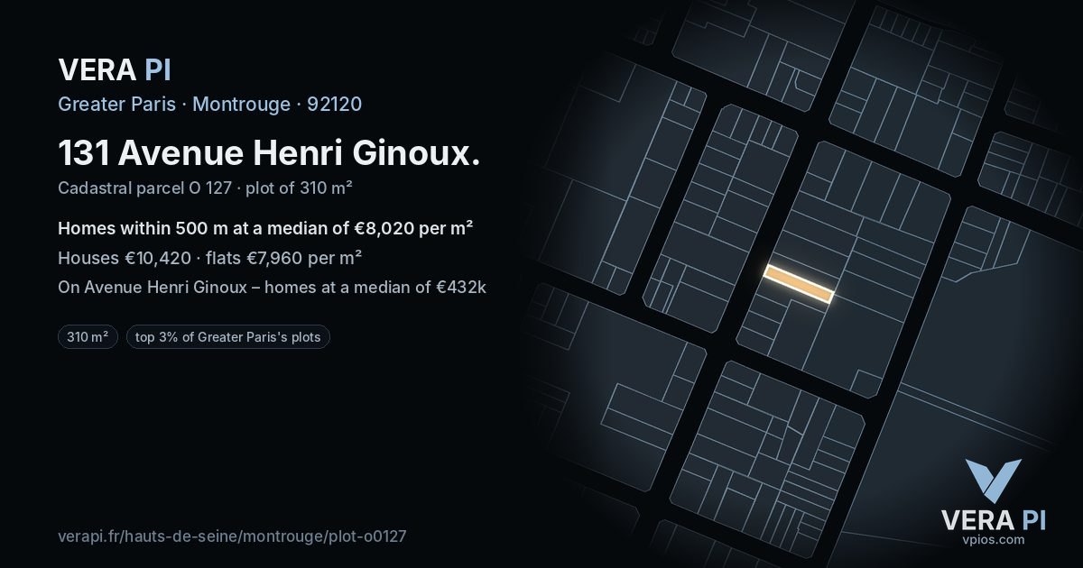 131 Avenue Henri Ginoux, Montrouge at night – the plot lit, the parcels around coloured by the prices near them