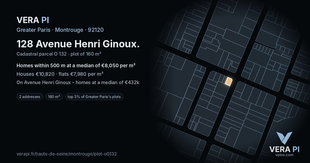 128 Avenue Henri Ginoux, Montrouge at night – the plot lit, the parcels around coloured by the prices near them