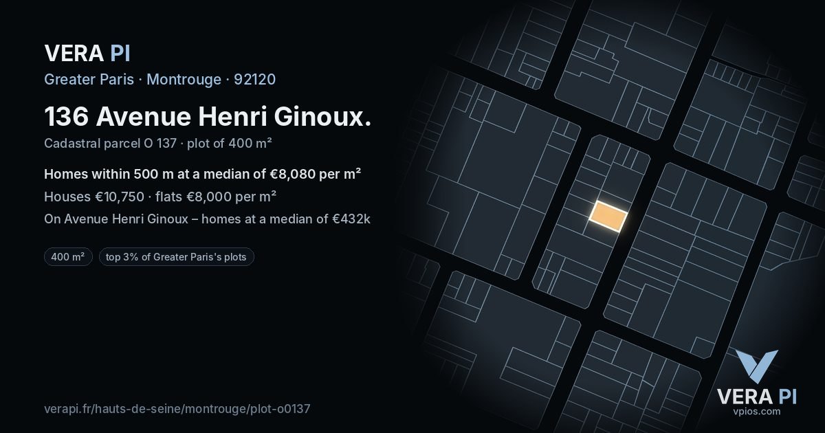 136 Avenue Henri Ginoux, Montrouge at night – the plot lit, the parcels around coloured by the prices near them