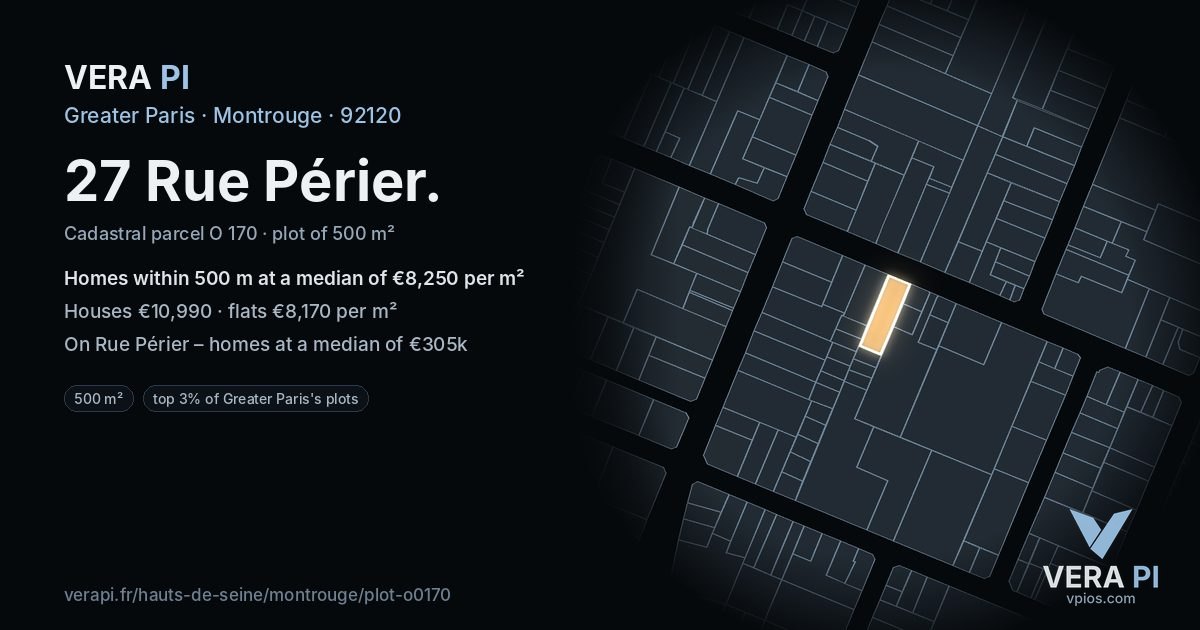 27 Rue Périer, Montrouge at night – the plot lit, the parcels around coloured by the prices near them