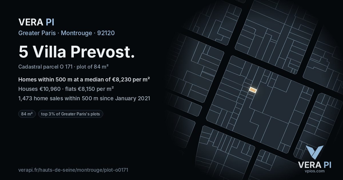 5 Villa Prevost, Montrouge at night – the plot lit, the parcels around coloured by the prices near them