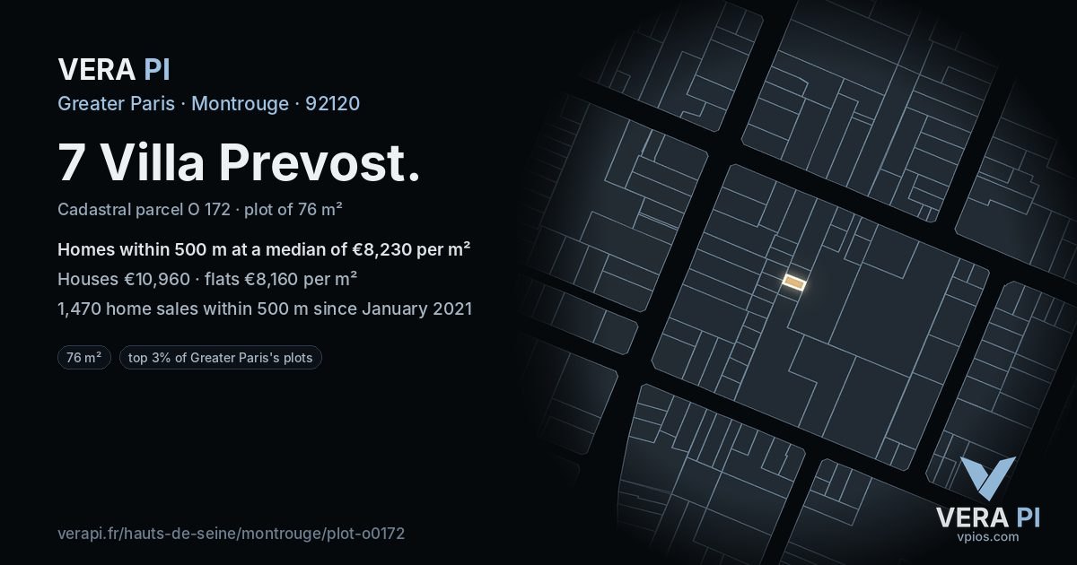 7 Villa Prevost, Montrouge at night – the plot lit, the parcels around coloured by the prices near them