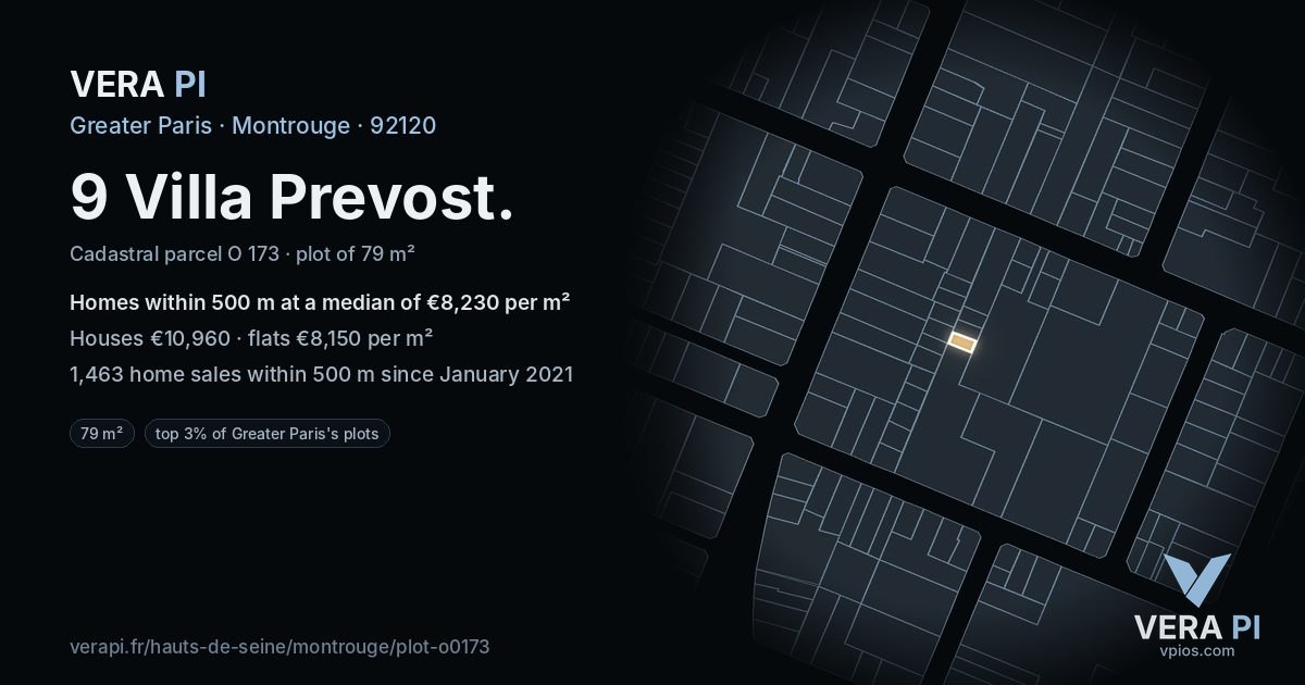 9 Villa Prevost, Montrouge at night – the plot lit, the parcels around coloured by the prices near them