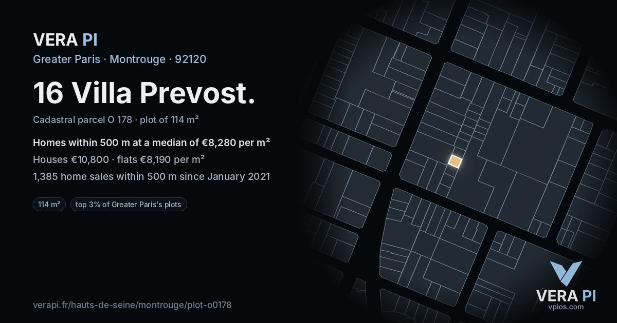 16 Villa Prevost, Montrouge at night – the plot lit, the parcels around coloured by the prices near them