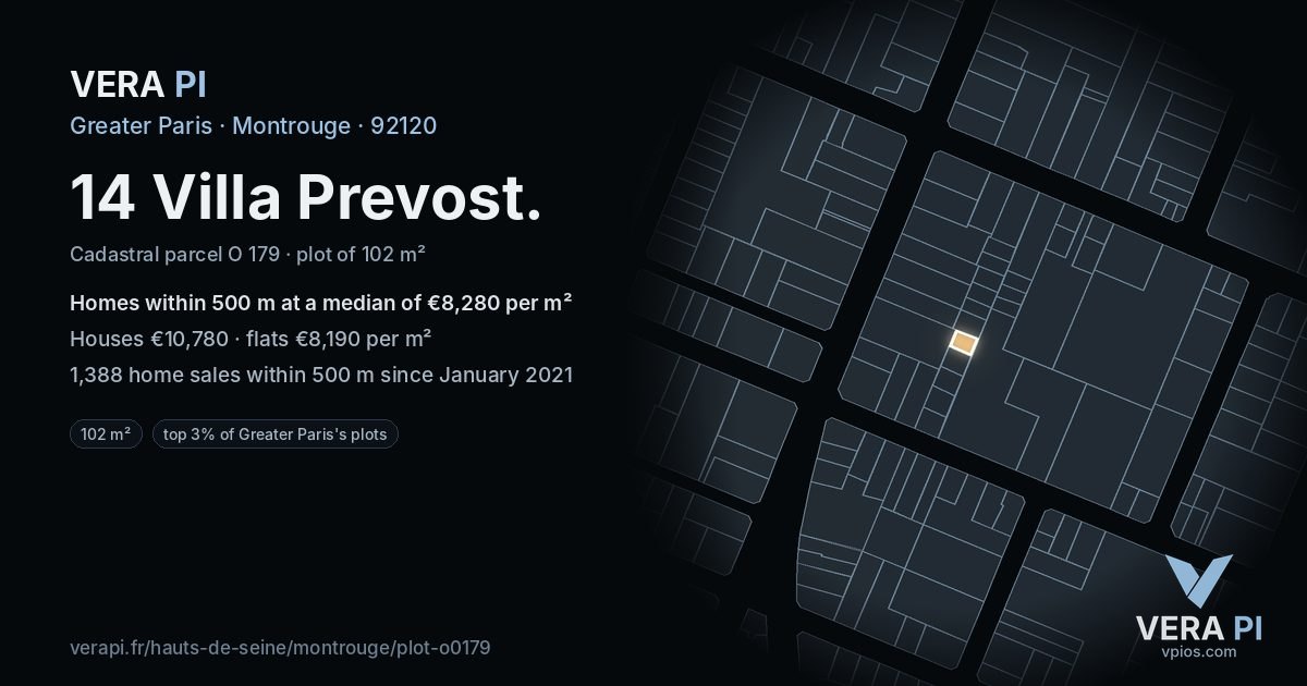 14 Villa Prevost, Montrouge at night – the plot lit, the parcels around coloured by the prices near them