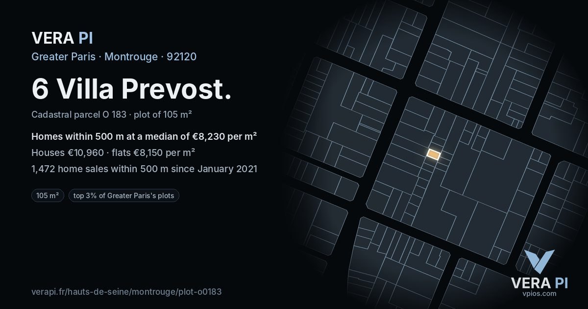 6 Villa Prevost, Montrouge at night – the plot lit, the parcels around coloured by the prices near them