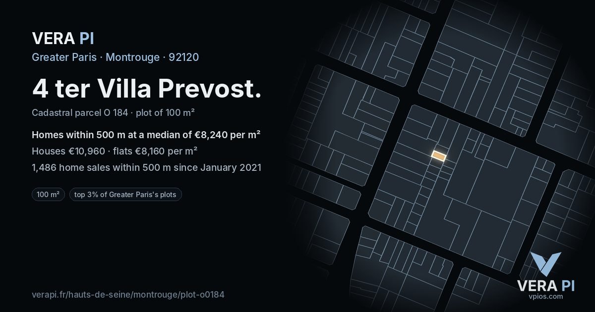 4 ter Villa Prevost, Montrouge at night – the plot lit, the parcels around coloured by the prices near them