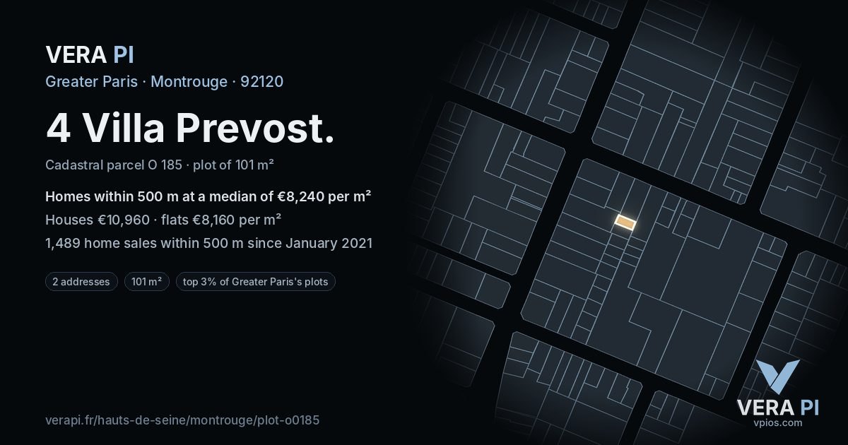 4 Villa Prevost, Montrouge at night – the plot lit, the parcels around coloured by the prices near them