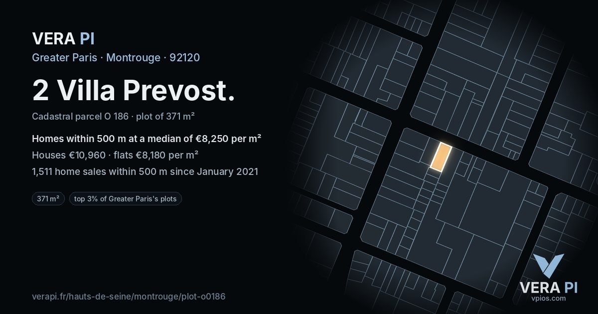 2 Villa Prevost, Montrouge at night – the plot lit, the parcels around coloured by the prices near them