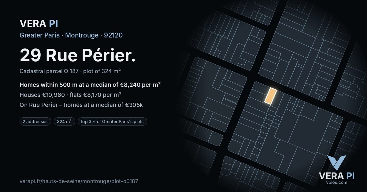 29 Rue Périer, Montrouge at night – the plot lit, the parcels around coloured by the prices near them