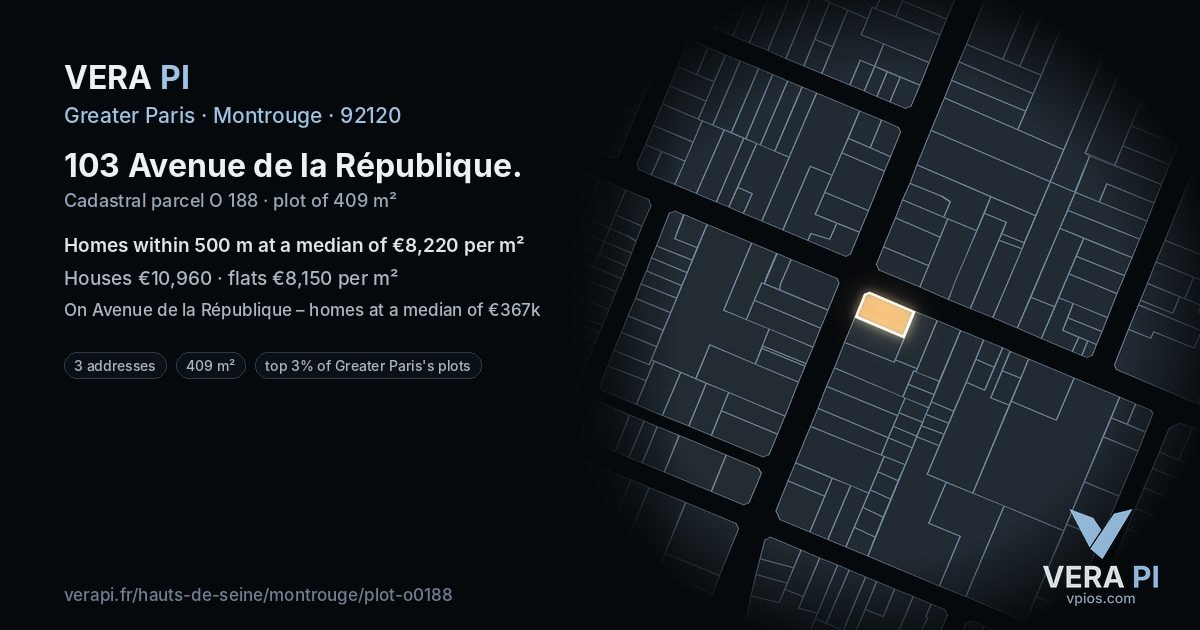103 Avenue de la République, Montrouge at night – the plot lit, the parcels around coloured by the prices near them