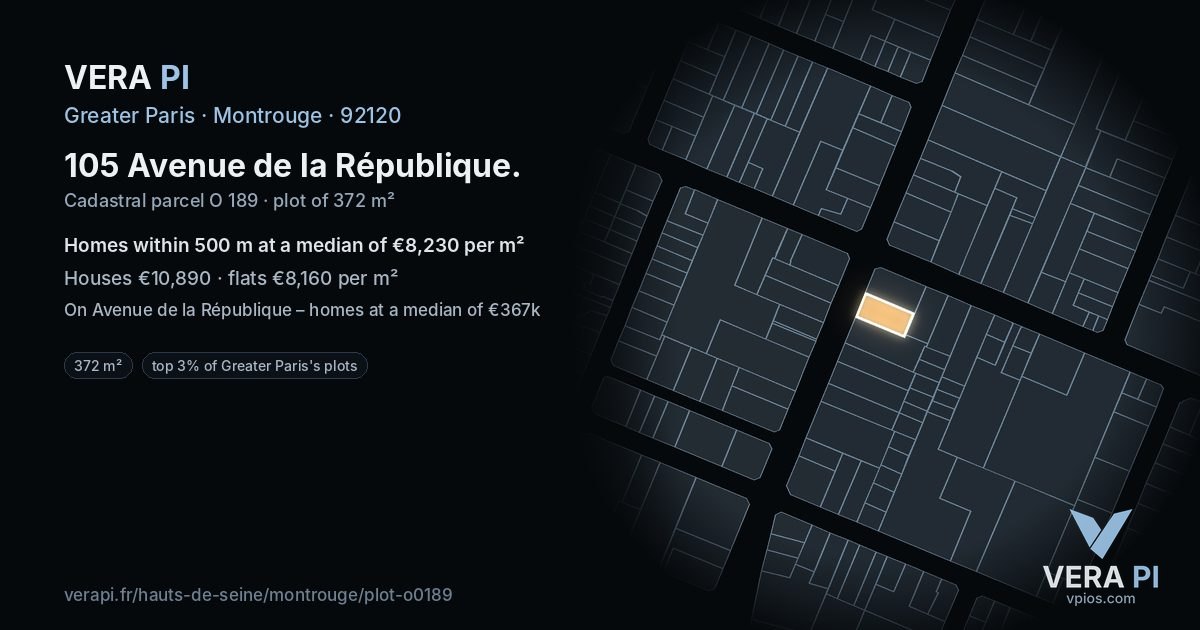 105 Avenue de la République, Montrouge at night – the plot lit, the parcels around coloured by the prices near them