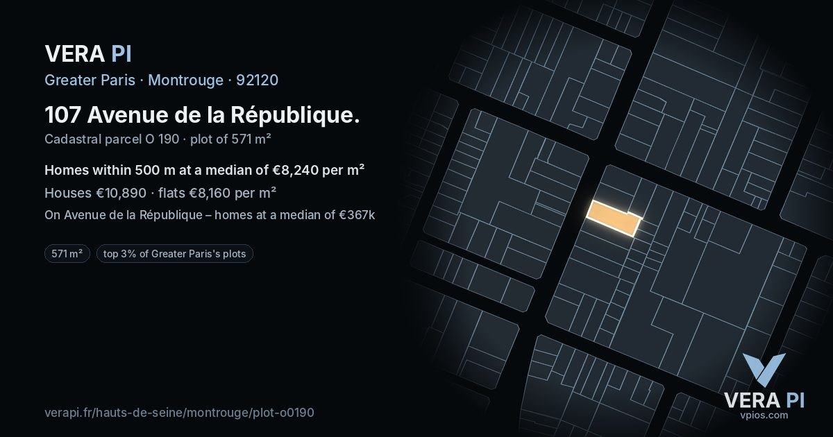 107 Avenue de la République, Montrouge at night – the plot lit, the parcels around coloured by the prices near them