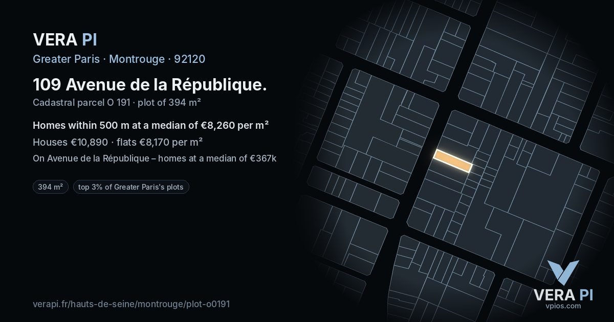 109 Avenue de la République, Montrouge at night – the plot lit, the parcels around coloured by the prices near them