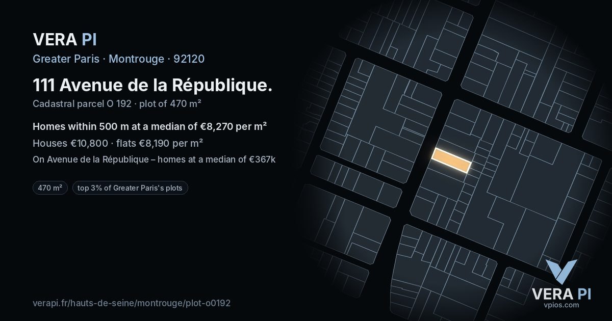 111 Avenue de la République, Montrouge at night – the plot lit, the parcels around coloured by the prices near them