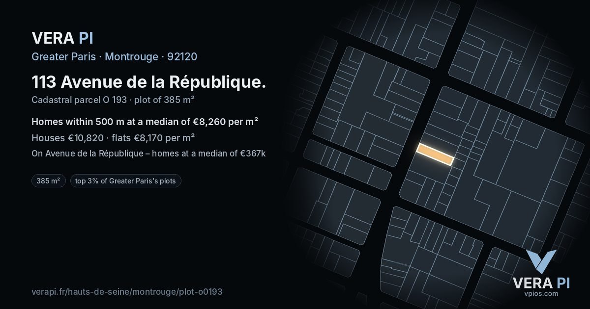 113 Avenue de la République, Montrouge at night – the plot lit, the parcels around coloured by the prices near them