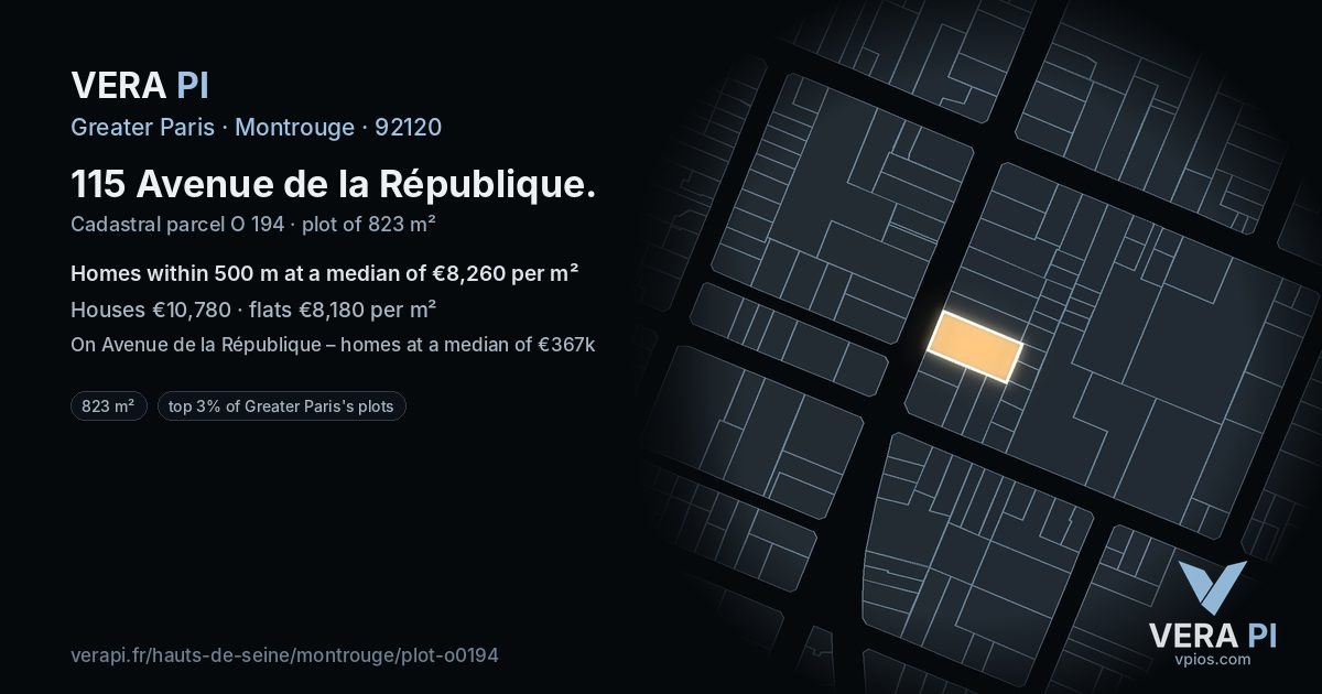 115 Avenue de la République, Montrouge at night – the plot lit, the parcels around coloured by the prices near them