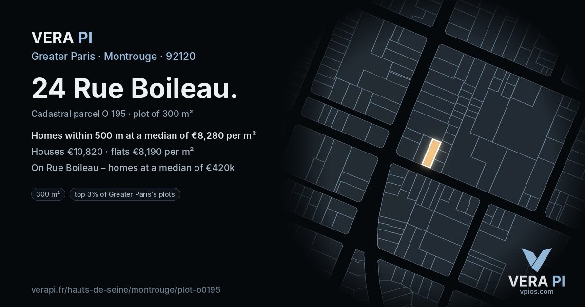 24 Rue Boileau, Montrouge at night – the plot lit, the parcels around coloured by the prices near them