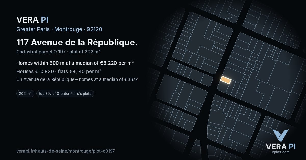 117 Avenue de la République, Montrouge at night – the plot lit, the parcels around coloured by the prices near them