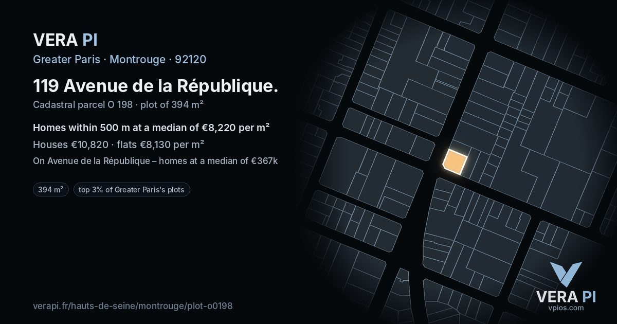 119 Avenue de la République, Montrouge at night – the plot lit, the parcels around coloured by the prices near them