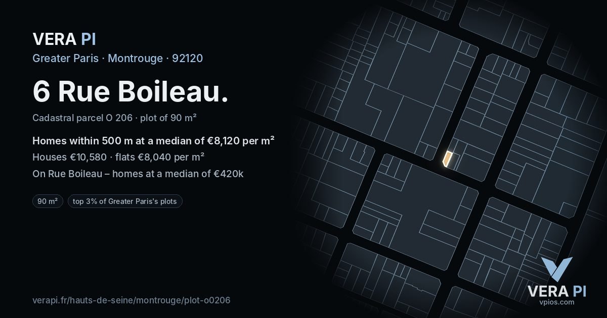 6 Rue Boileau, Montrouge at night – the plot lit, the parcels around coloured by the prices near them