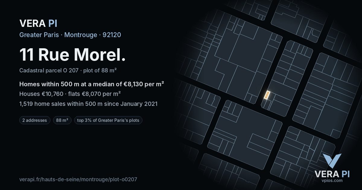 11 Rue Morel, Montrouge at night – the plot lit, the parcels around coloured by the prices near them