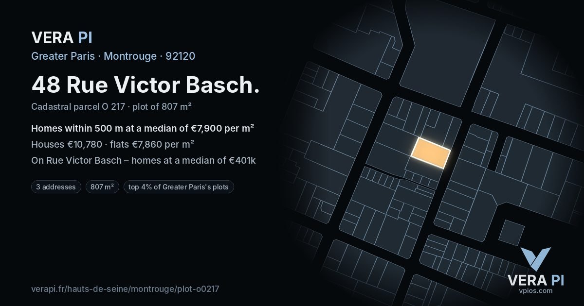 48 Rue Victor Basch, Montrouge at night – the plot lit, the parcels around coloured by the prices near them