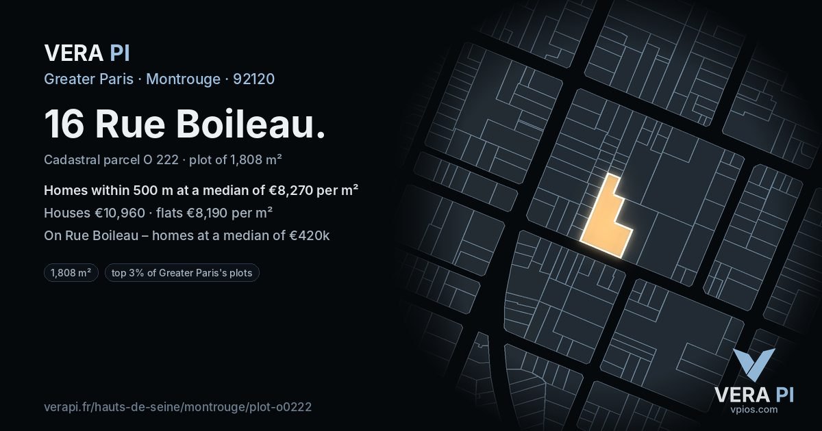 16 Rue Boileau, Montrouge at night – the plot lit, the parcels around coloured by the prices near them