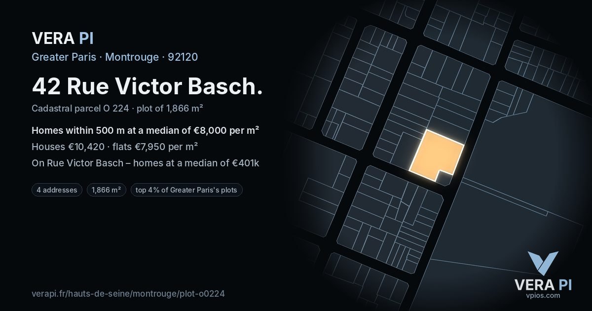 42 Rue Victor Basch, Montrouge at night – the plot lit, the parcels around coloured by the prices near them