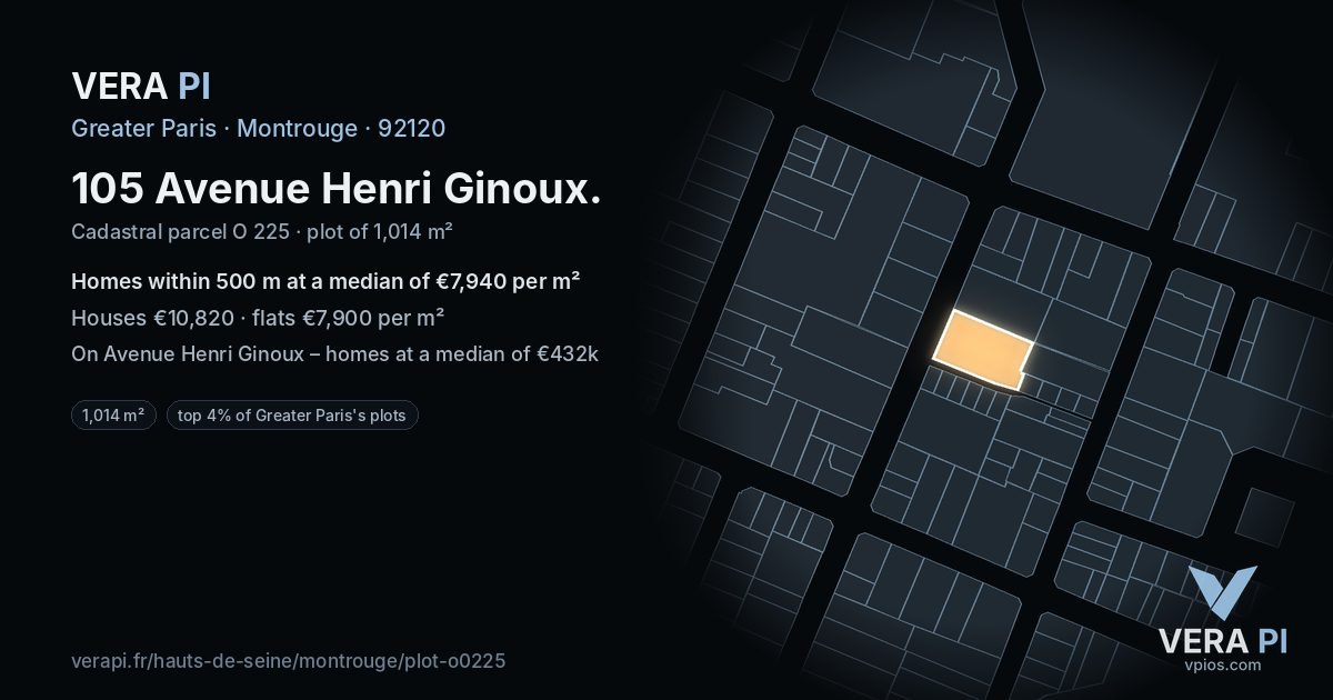 105 Avenue Henri Ginoux, Montrouge at night – the plot lit, the parcels around coloured by the prices near them