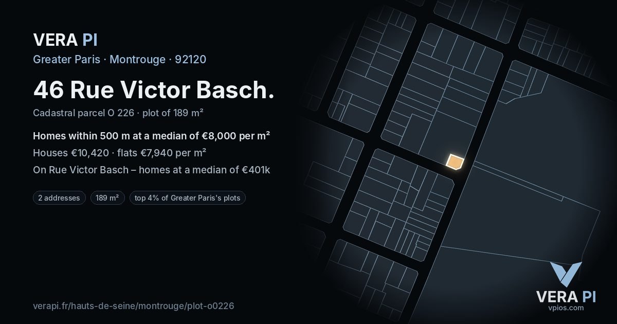 46 Rue Victor Basch, Montrouge at night – the plot lit, the parcels around coloured by the prices near them