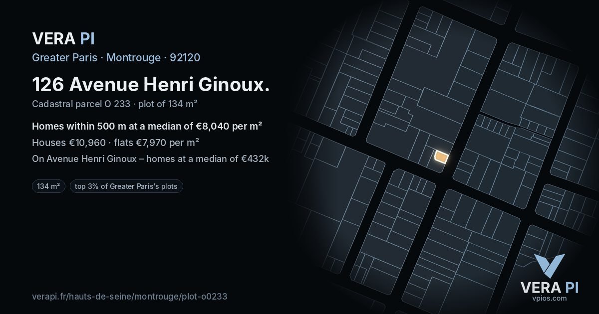 126 Avenue Henri Ginoux, Montrouge at night – the plot lit, the parcels around coloured by the prices near them