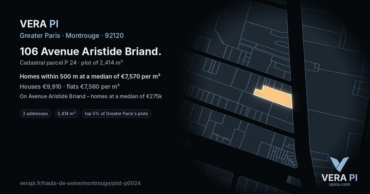 106 Avenue Aristide Briand, Montrouge at night – the plot lit, the parcels around coloured by the prices near them
