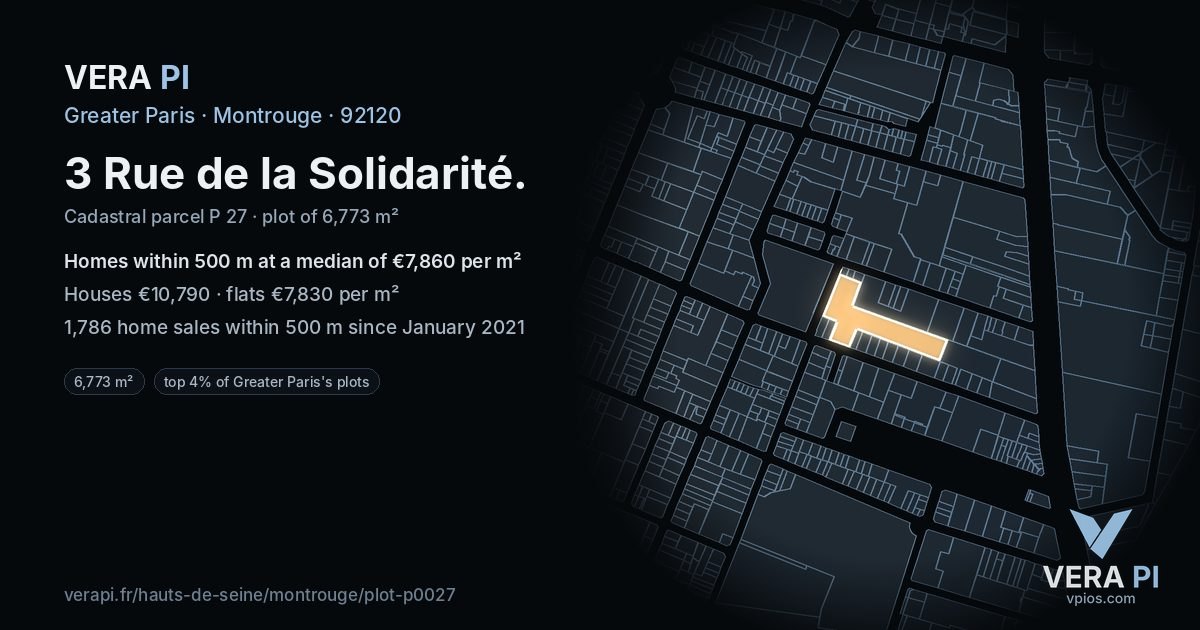 3 Rue de la Solidarité, Montrouge at night – the plot lit, the parcels around coloured by the prices near them