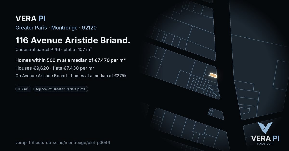 116 Avenue Aristide Briand, Montrouge at night – the plot lit, the parcels around coloured by the prices near them