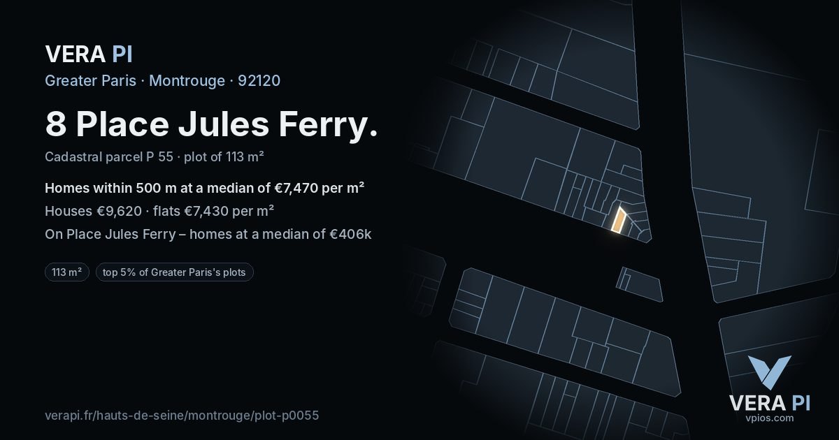 8 Place Jules Ferry, Montrouge at night – the plot lit, the parcels around coloured by the prices near them