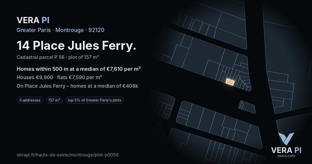14 Place Jules Ferry, Montrouge at night – the plot lit, the parcels around coloured by the prices near them