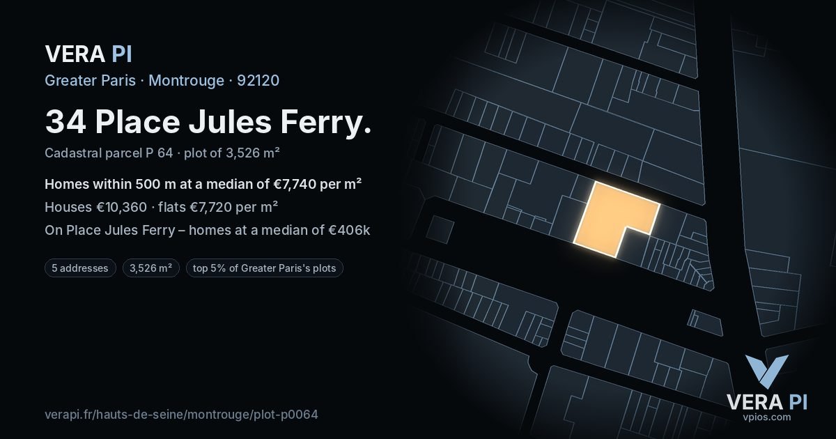 34 Place Jules Ferry, Montrouge at night – the plot lit, the parcels around coloured by the prices near them