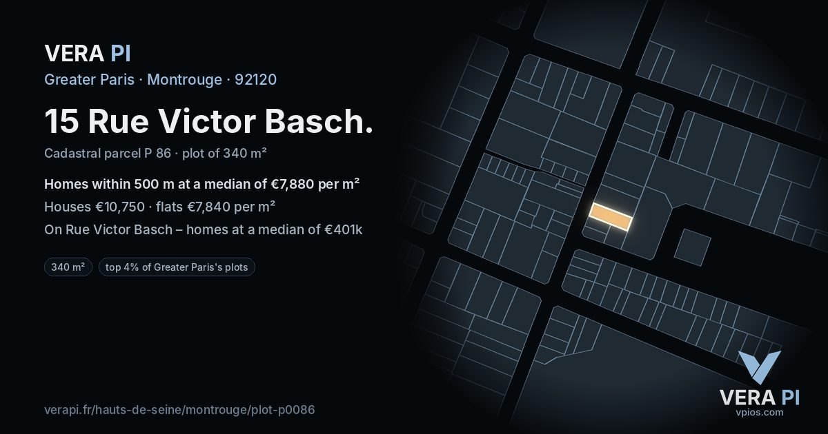 15 Rue Victor Basch, Montrouge at night – the plot lit, the parcels around coloured by the prices near them