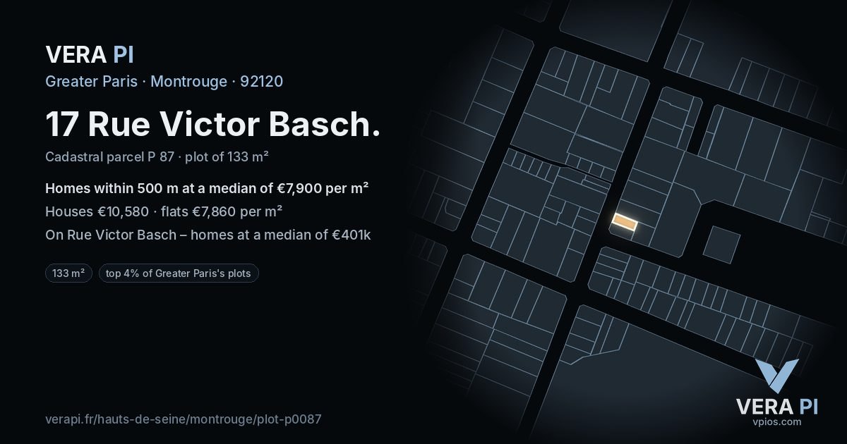 17 Rue Victor Basch, Montrouge at night – the plot lit, the parcels around coloured by the prices near them