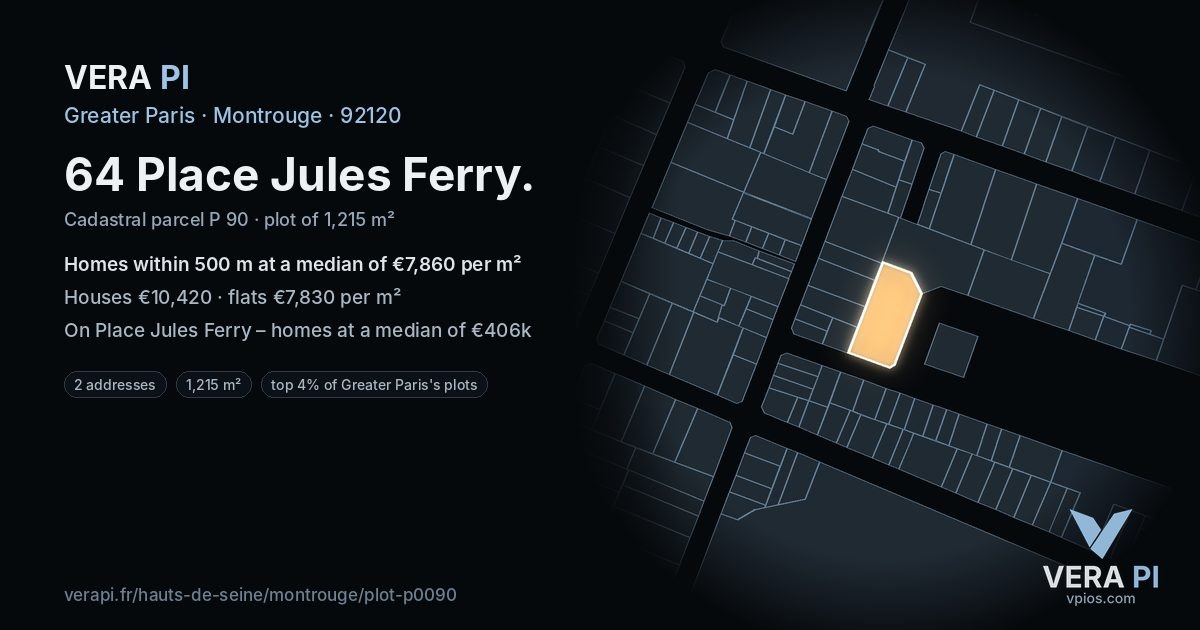 64 Place Jules Ferry, Montrouge at night – the plot lit, the parcels around coloured by the prices near them