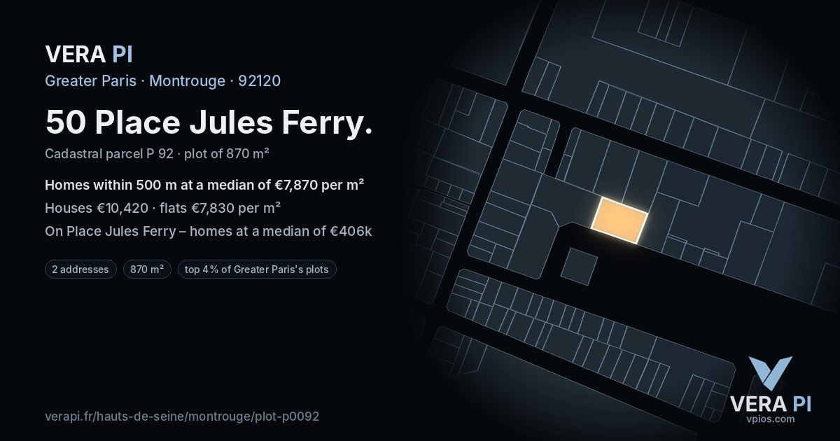 50 Place Jules Ferry, Montrouge at night – the plot lit, the parcels around coloured by the prices near them