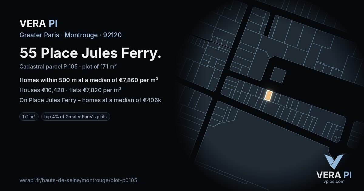 55 Place Jules Ferry, Montrouge at night – the plot lit, the parcels around coloured by the prices near them