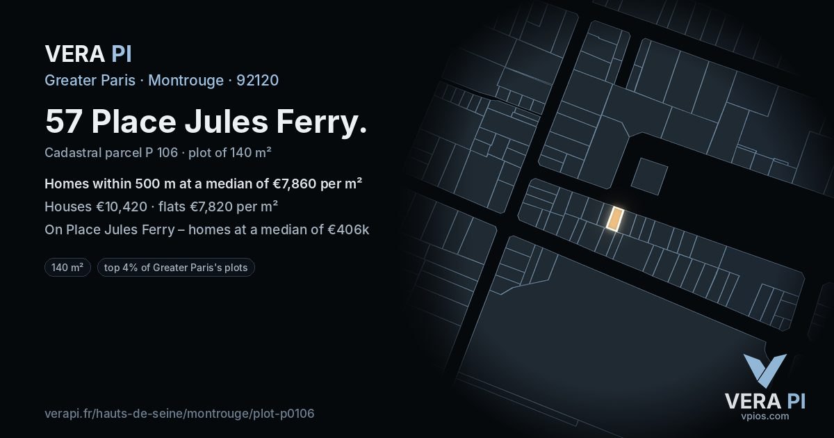 57 Place Jules Ferry, Montrouge at night – the plot lit, the parcels around coloured by the prices near them