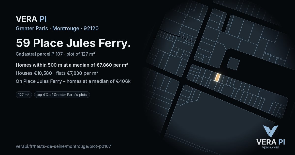 59 Place Jules Ferry, Montrouge at night – the plot lit, the parcels around coloured by the prices near them
