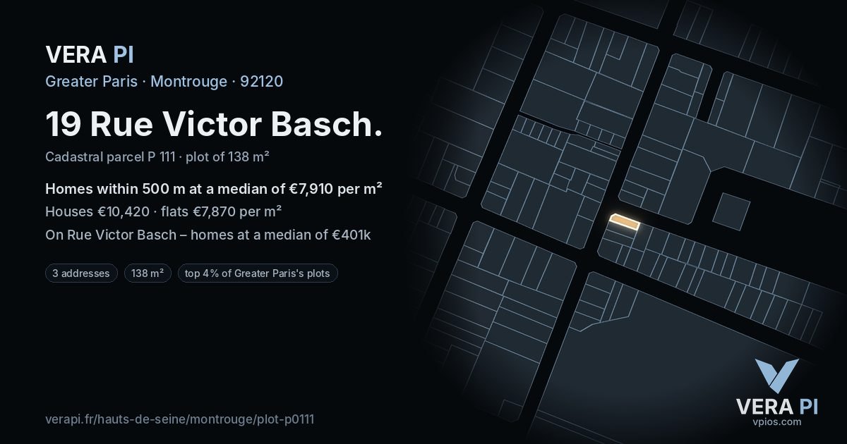 19 Rue Victor Basch, Montrouge at night – the plot lit, the parcels around coloured by the prices near them