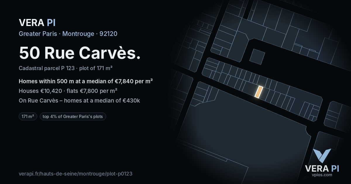 50 Rue Carvès, Montrouge at night – the plot lit, the parcels around coloured by the prices near them