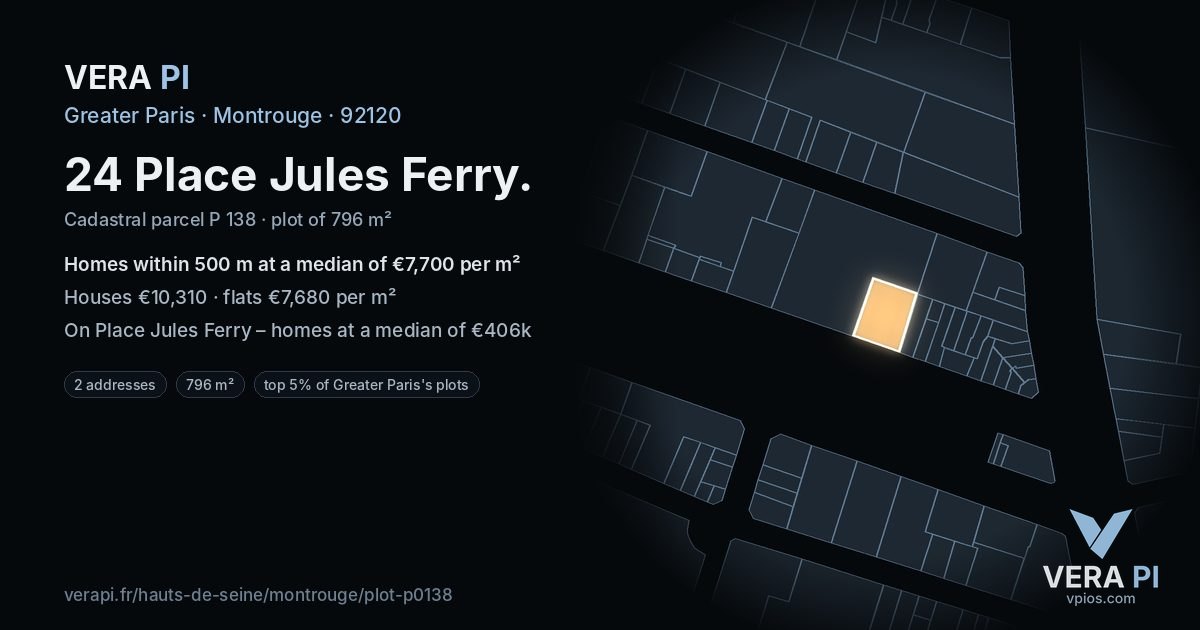 24 Place Jules Ferry, Montrouge at night – the plot lit, the parcels around coloured by the prices near them