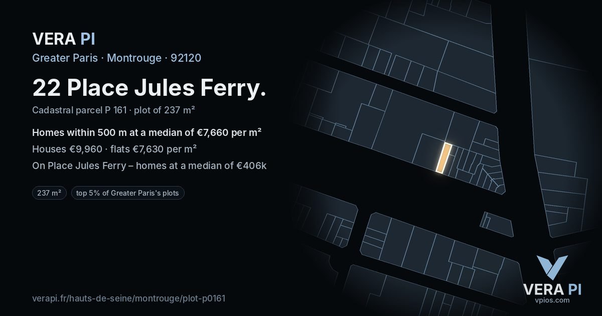 22 Place Jules Ferry, Montrouge at night – the plot lit, the parcels around coloured by the prices near them